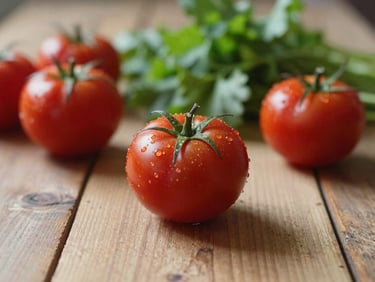 Macro shot of fresh, seasonal produce on a rustic wooden table, soft natural light, shallow depth of field.