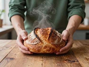 Hands holding a freshly baked sourdough loaf, steam rising, rustic wooden table, cozy bakery interior, soft natural light, shallow depth of field, warm editorial photography