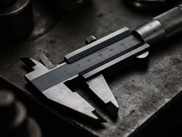 Macro industrial product photography of a premium German micrometric caliper, dramatic high-contrast studio lighting, dark metallic tones, sharp details, 50mm
