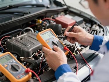 Mechanic using a multimeter to test car's electrical wiring, organized tools, bright natural daylight, sharp commercial photography.