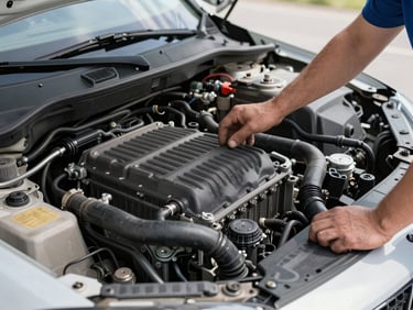 Mechanic checking a car's radiator and hoses, clean engine bay, bright natural daylight, sharp commercial photography.