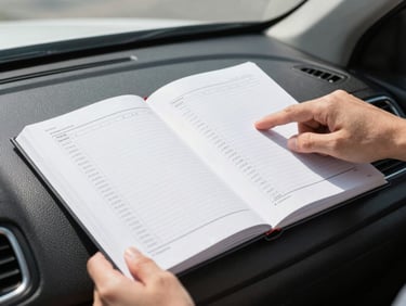 Pristine logbook open on a clean car's dashboard, mechanic's hand pointing to a service entry, bright natural daylight, sharp commercial photography.
