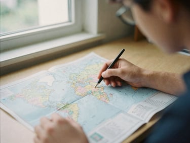 A close-up of a student analyzing a map of world universities in a sunlit library, 35mm film style.