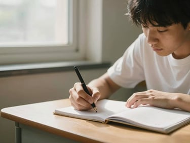 A focused student writing notes on a wooden desk with sunlight filtering through a window, soft muted tones.