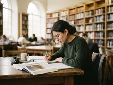 A focused, candid medium shot of a student in deep study inside a bright university library, natural daylight filtering through large windows, bookshelves in the soft focus background, warm editorial photography, 35mm film style.
