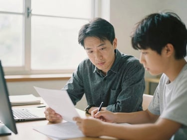 A consultant and a student reviewing an essay draft together over a desk, natural daylight.