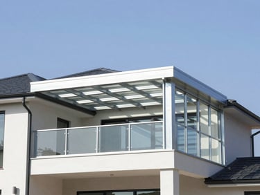Wide-angle shot of a completed modern steel roof extension on a residential house, clean structural lines, bright daylight, sharp industrial photography, 35mm lens