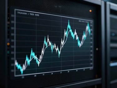 Clean mathematical plot of a financial algorithm's performance, structural white lines on a dark background, electric cyan accents, minimalist terminal interface style