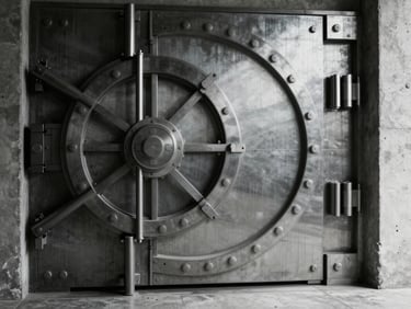 Stark architectural detail of a heavy concrete financial vault door, deep shadows, dramatic side-lighting, cool desaturated tones.