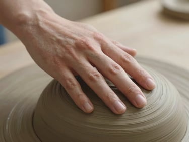 Close-up of a hand gently resting on textured clay under soft, diffused sunlight, symbolizing somatic grounding and care.