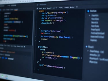 Extreme close-up of clean, well-structured code on dark IDE screens with subtle electric blue accents, low-key moody studio lighting, sharp focus, macro lens