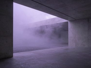 Wide environmental shot of a minimalist concrete gallery space filled with thick, low-lying fog, soft purple backlighting.