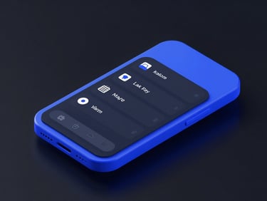 Sleek 3D render of a mobile app interface showing a clean task management utility, geometric layout, vibrant electric blue accents, dark background, isometric perspective, studio lighting.