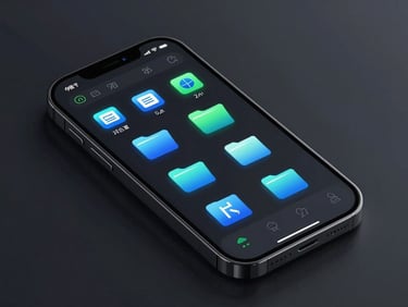 Sleek 3D render of a smartphone displaying a dark-mode file manager app with folder icons, electric blue and cyber green neon accents, studio lighting, isometric perspective.