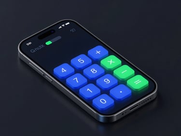 Sleek 3D render of a smartphone displaying a dark-mode calculator app with electric blue and cyber green neon accents, studio lighting, isometric perspective.