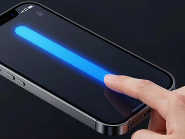 Macro shot of a smartphone screen displaying FocusFlow app, clean minimalist UI with electric blue progress bar, dark background, finger gently tapping the screen, studio lighting.