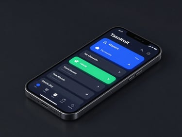 Sleek 3D render of a smartphone displaying a dark-mode task management app with a grid layout, electric blue and cyber green neon accents, studio lighting, isometric perspective.