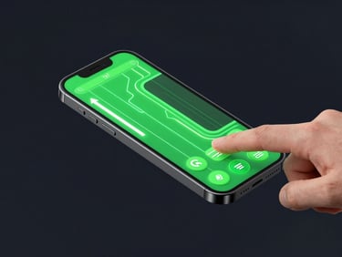 Dynamic isometric view of a smartphone screen running NeonDash game, neon cyber green pathways, dark abstract background, thumb hovering over controls, studio lighting.