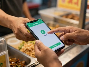 Hands tapping a GoPay payment screen on a smartphone at a street food stall, warm evening light, vendor's hands visible in the background accepting payment