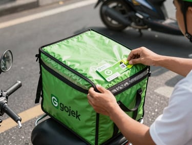 Overhead shot of a Gojek driver's hands sorting a food delivery order in a green insulated bag on a motorbike seat, sunlight on asphalt, urban street in background