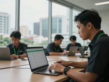 Wide environmental shot, Gojek team member at a desk reviewing messages on a laptop, natural north-facing indoor light through large windows, Southeast Asian city visible through glass in background, hands visible on keyboard, candid documentary framing