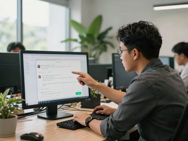 Gojek team member at a desk reviewing a screen showing user feedback data, open-plan office with plants, natural north-facing window light