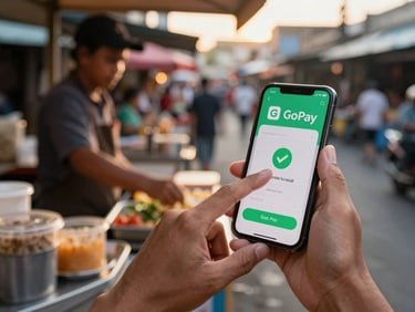 User tapping GoPay payment screen on a phone at a street food stall, vendor in background, warm golden-hour light on a busy Indonesian market street