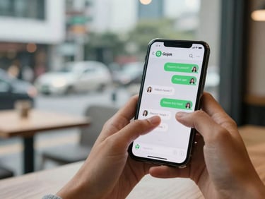 Close-up of hands typing a message into the Gojek in-app chat support screen on a smartphone, blurred Indonesian city background through a cafe window