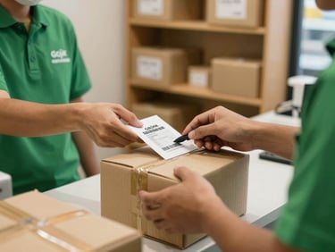 Close-up of a Gojek courier scanning a package barcode at a pickup point counter, indoor warm light, logistics shelves in the background