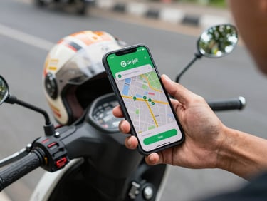 Hands holding a smartphone showing the Gojek app map screen, rider helmet visible on a motorbike seat behind, natural daylight on an Indonesian street