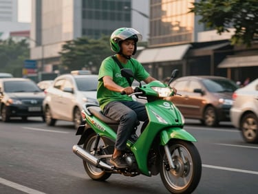 A Gojek driver mid-ride on a busy Jakarta street, shot from the side at golden hour, motorcycle in motion, city buildings in soft blur behind