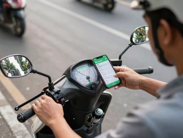 Overhead shot of a Gojek driver reviewing their daily earnings on the driver app screen, parked motorbike visible beside them, morning light on a quiet Jakarta side street