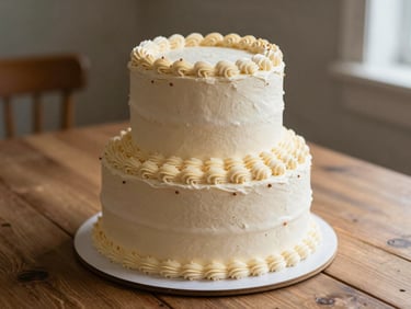 A single-tier elegant birthday cake with delicate piped details on a rustic wooden table, soft morning light, 35mm