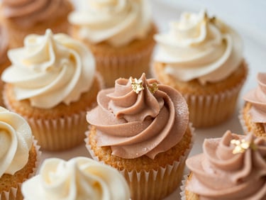 Close-up of elegant cupcakes with delicate terracotta-toned icing and edible gold leaf, soft daylight