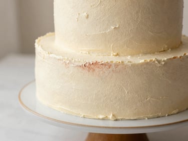 An eye-level portrait of a minimalist two-tier cake with textured terracotta plaster-effect buttercream on a ceramic pedestal