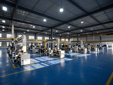 Wide-angle architectural perspective of a modern, organized factory floor with clear pathways and automated systems, sharp shadows, cool daylight.