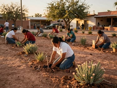 Candid documentary shot of Mexicali community members planting native desert flora in a sun-baked public plaza, warm golden-hour light, rich terracotta earth tones, 35mm lens.