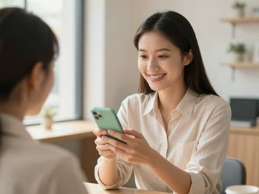 Over-the-shoulder shot of a small business owner smiling while replying to a customer on WhatsApp, bright natural light, warm editorial style, 35mm