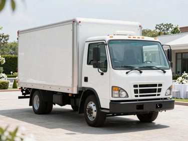 A pristine, gleaming white delivery truck arriving at a beautifully manicured outdoor wedding venue, bright high-key natural daylight, clean polished steel tones, sharp focus