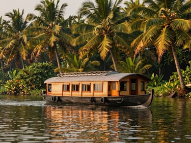 Traditional premium houseboat gliding through the tranquil backwaters of Kerala, lush coconut palms lining the banks, warm afternoon light
