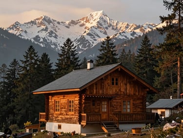 Charming wooden cottage in Manali surrounded by pine forests and snow-covered Himalayan peaks, warm golden-hour light, rich tones