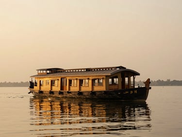 A traditional luxury houseboat floating on the calm backwaters of Kerala, golden hour reflection.