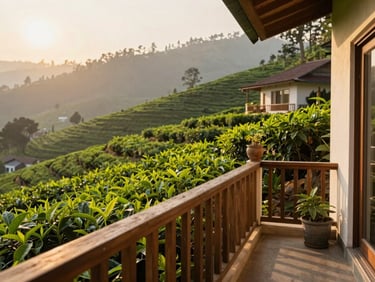 A cozy premium resort balcony overlooking lush green tea gardens in Darjeeling, warm morning sun.