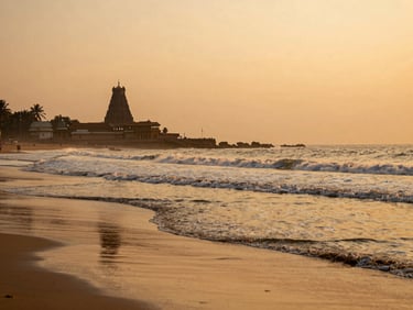 Golden-hour view of the sacred Puri beach, iconic temple silhouette in the far distance, soft waves, warm lighting, rich saturated tones