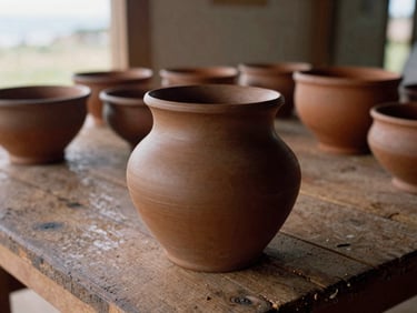 Traditional Valdivia clay pottery sitting on a rustic wooden table, soft natural side light, documentary style