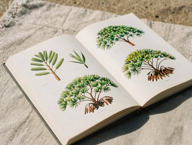 An open editorial book showing botanical illustrations of mangroves, lying on a linen surface, warm daylight