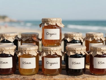 Small glass jars of organic honey and local preserves with minimalist paper labels, coastal background, 35mm