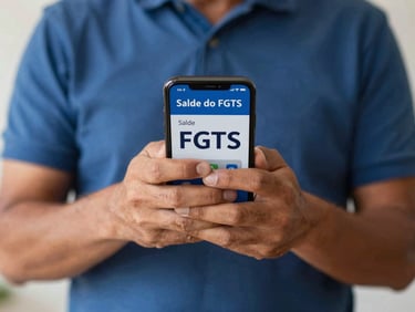 Mãos de um trabalhador brasileiro segurando um smartphone, com uma tela exibindo o saldo do FGTS. Iluminação natural e cores quentes.