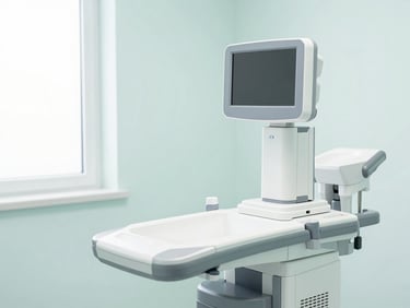 A modern medical diagnostic scanner in a brightly lit, clean clinical room, soft natural light, professional healthcare photography.