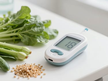 A close-up of fresh green vegetables, whole grains, and a modern blood glucose meter on a clean white medical examination table, bright natural indoor lighting.